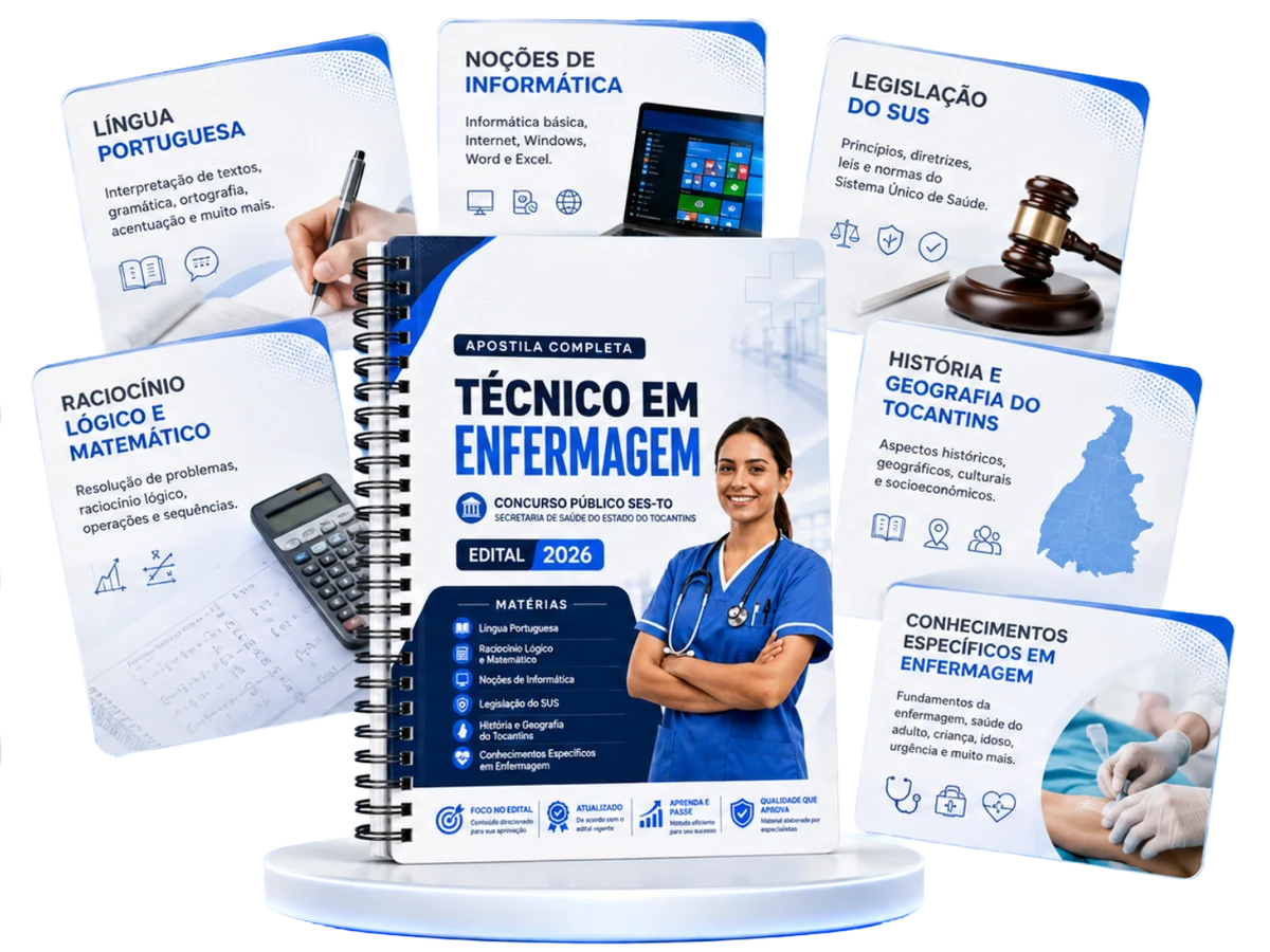 Mockup do material COMBO APROVA SES-TO para Técnico em Enfermagem do SES-TO 2026
