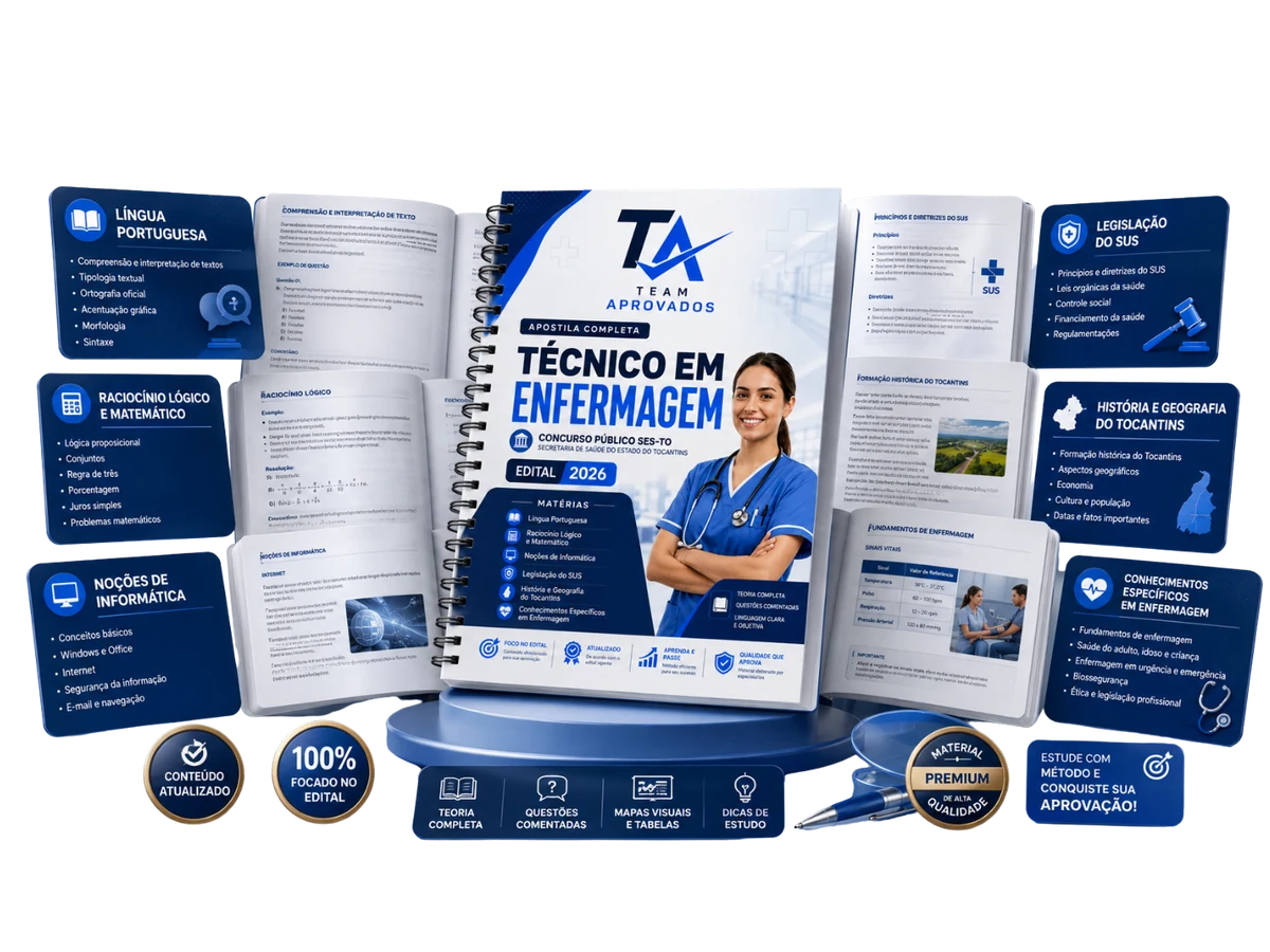 Mockup do Combo Aprova SES-TO completo com apostila e matérias do edital